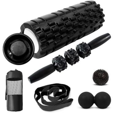 Imagem de Kit Liberação Miofascial 6 em 1 - Rolo de Espuma 33cm, Bastão de Ioga, Bola de Massagem, Cinta de Alongamento Fitness, Bolas Fasciais, Bolsa de Transporte