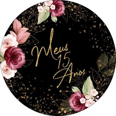 Imagem de Painel de Lona Redondo Meus 15 anos Flores e Folhas Aquarela Pingos Do