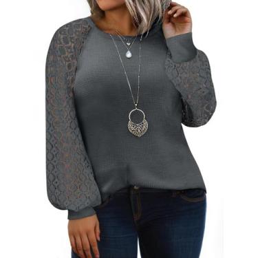 Imagem de Camisa feminina Eytino, tamanho grande, gola redonda, renda, manga com