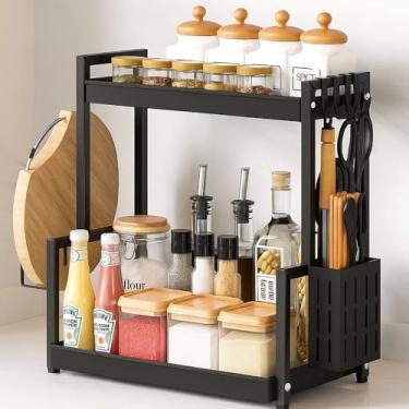Imagem de Organizador de Cozinha Multiuso 2 Andares Preto em Metal – Prateleira para Utensílios e Temperos - Ideal para Pia Bancada e Mesa