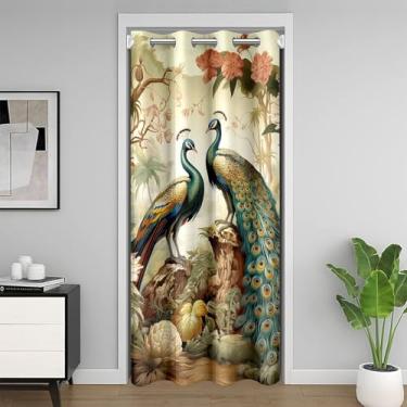 Imagem de Cortina de porta retrô pavão colorido plantas florais cortinas blackout para adultos estilo japonês pássaros selvagens animal privacidade porta drapeado 1 painel 152 cm L x 203 cm C