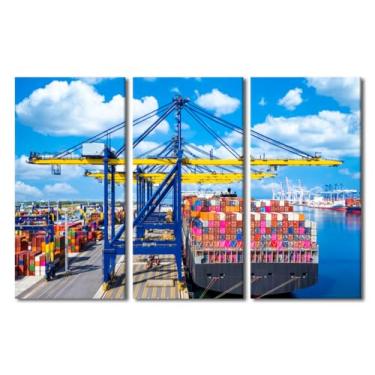 Imagem de Arte de parede moderna 3 painéis Exportação e Logística de Negócios Envio Vista Superior Impressões em Tela para Decoração de Sala de Estar, Esticado Emoldurado Pronto para Pendurar 152 cm L x 101 cm