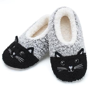 Imagem de cosyone1997 Pantufas fofas de animais para crianças, meninas, mulheres, meias felpudas com sola antiderrapante macia – Presentes exclusivos para mães e amantes de animais!, Gato cinza/preto, 7-8