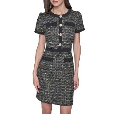Imagem de Karl Lagerfeld Paris Vestido feminino de manga curta metálico brocado evasê, Preto Multi/Preto, 50