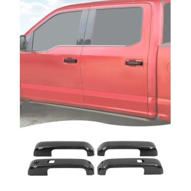 Imagem de Hoolcar 4 peças de cobertura de maçaneta externa de fibra de carbono compatível com 2015-2020 Ford F150 acessórios externos capa protetora de maçaneta externa (com recorte de chave inteligente)