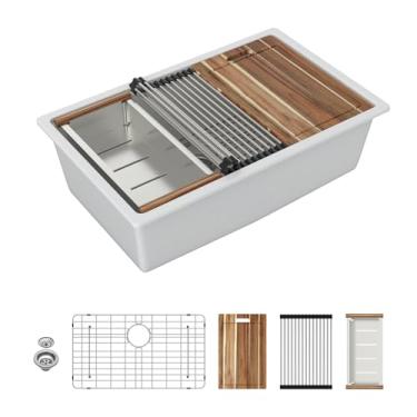 Imagem de Sarlai Pia de cozinha composta de 30 granito - 76 x 48 cm de granito embaixo da pia da cozinha estação de trabalho sob a montagem sob a bancada de quartzo branco clássico pias de tigela única sob o