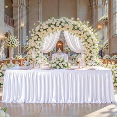 Imagem de Toalhas de mesa de cetim branco de 2,3 m para mesas retangulares – Capa de mesa de festa de elastano brilhante com saia de mesa plissada, toalha de mesa de casamento sem rugas e brilhante, peça única