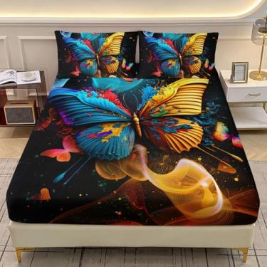 Imagem de AILONEN Jogo de cama casal de borboleta, para crianças, adolescentes, estampa de borboleta, azul e amarelo, lençol de cama de microfibra macia com bolso profundo com 2 fronhas, 3 peças