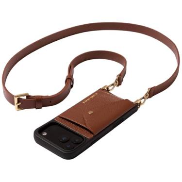 Imagem de Bandolier Hailey Capa de celular tipo carteira transversal para iPhone 16 Pro Max. 100% couro de seixo genuíno com ferragens douradas. Alça ajustável e removível. Suporte de cartão flip expansível