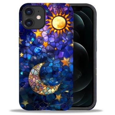 Imagem de Punmada Capa para iPhone 11, para meninas mulheres menino capa híbrida rígida à prova de choque silicone capa protetora de corpo inteiro fosco para iPhone 11 roxo seixos lua sol padrão