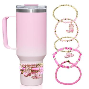 Imagem de Airuiwu Pulseiras para acessórios Stanley Cup, 5 peças para Stanley 1,134 g e 850,5 g Tumbler com alça, chapéus e botas, design de cowboy ocidental (rosa)