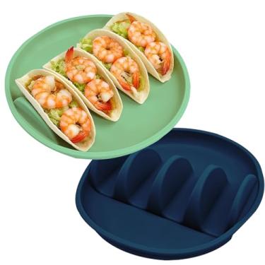 Imagem de Conjunto de 2 suportes de silicone para taco 010 FIDBAY, pratos reutilizáveis com 4 divisórias para taco rígido e macio, seguro para lava-louças, micro-ondas, suporte de tortilha para servir em festas