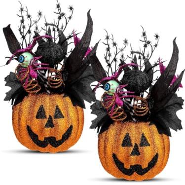 Imagem de Giegxin Pacote com 2 peças centrais de mesa de Halloween, flores artificiais, abóbora com aranha e globo ocular, decoração de mesa de Halloween para casa, cozinha, interior, exterior, festa assombrada