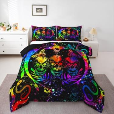 Imagem de Erosebridal Conjunto de edredom com estampa de arco-íris tie dye, boêmio, crânio, galáxia, tripudo, aquarela, fase da lua, constelações, zodíaco, conjunto de edredom para todas as estações, tamanho
