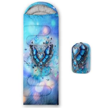 Imagem de QOOMO Sacos de dormir à prova d'água borboleta azul para adultos e crianças, sacos de dormir de acampamento com estampa de amor, clima quente e frio, leve, viagem e ao ar livre, equipamentos de