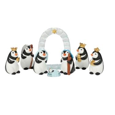 Imagem de Roman Conjunto de presépio de concurso de pinguim – Conjunto de 7 peças de estatuetas de Natal pintadas à mão – Adorável presépio ártico com arco de gelo e pinguins sábios