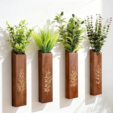 Imagem de Meltset M Pacote com 4 vasos de parede de madeira, vasos de madeira de fazenda modernos com vegetação sintética, decoração de plantas de parede rústicas para sala de estar, quarto, banheiro, presente