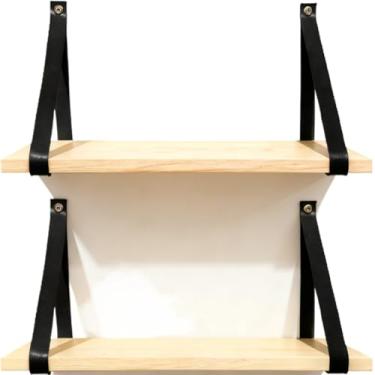 Imagem de Kit 2/4/6 Prateleiras de Madeira Com Alça de Couro Nicho Industrial Para Decoração Cozinha Quarto Organiza Itens Leve Prateleira Organizadora(4,PRETO)