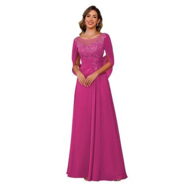 Imagem de Vestido RUMUGUYA Mãe da Noiva A Line Chiffon Fuchsia