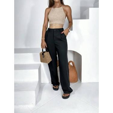 Imagem de A-Lows A&L calca pantalona alfaiataria Sem Faixa Liso Com Anel, Verde 