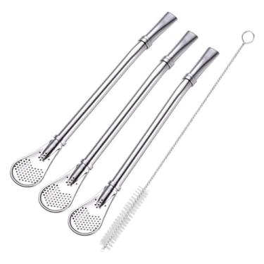Imagem de 6 canudos 304 de aço inoxidável de grau alimentício 16 cm de comprimento para chá de erva mate com 3 colheres e 3 escovas de limpeza