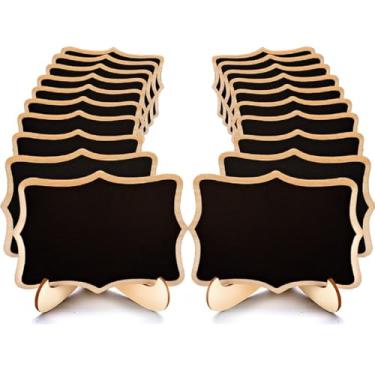 Imagem de Mini placas de quadro-negro com suporte, pacote com 20 quadros-negros de madeira (20 bordas onduladas) 10 x 7 cm, pequenos quadros negros decorativos para casamento, menu, número de mesa, decoração de