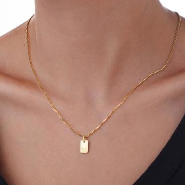 Imagem de Colar quadrado banhado a ouro à prova d'água com pingente de letra A-Z em corrente fina – Joias delicadas e empilháveis para mulheres, F, Aço inoxidável, Sem Pedra Preciosa