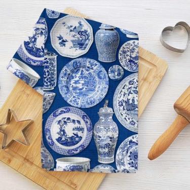 Imagem de Toalhas de cozinha artísticas com padrão de porcelana, pano de prato de microfibra absorvente azul clássico toalha de chá, toalhas de mão de waffle para casa de fazenda, casa de banho, presentes de