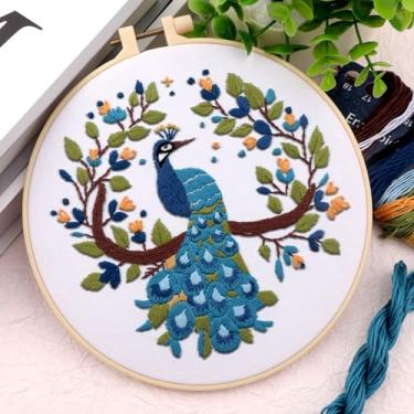 Imagem de Kit de bordado para iniciantes, kits de bordado para adultos com padrão de pavão estampado, kit de ponto cruz para iniciantes para adultos, ponto de cruz faça você mesmo com aro, agulhas estampadas
