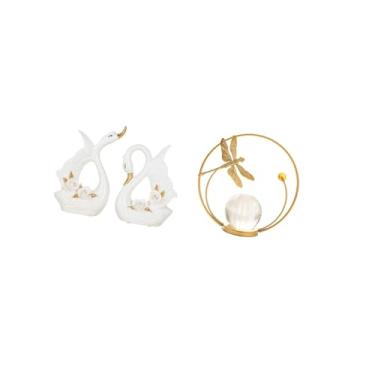 Imagem de Fenteer Conjunto Elegante de Estatuetas de Metal com Cisne de Cerâmica E Bola de Cristal para Estante, Armário, Corredor, Lareira, Quarto, Sala de Estar,