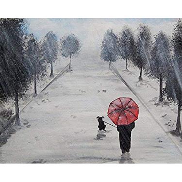 Imagem de Pôster de impressão artística Walking With My Friend por Ed Capeau 30x24 Giclee Edition Decoração de parede Preto e Branco Guarda-chuva de paisagem Cor Splash Dog Walking In Rain Pet Art