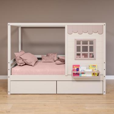 Imagem de Cama Casinha Reta Com 02 Gavetas Madeira Maciça Branco- Rosa Housin