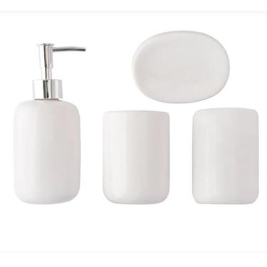 Imagem de Conjunto de Banheiro Moderno em Cerâmica, 4 Peças, Dispensador de Sabonete Líquido, Porta Escova, Saboneteira, Preto e Branco (BRANCO)