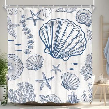 Imagem de AMBZEK Cortina de chuveiro náutica litorânea 152 cm L x 182 cm Praia Vintage Estrela-do-mar Conchas Verão Coach Coral Seashell Madeira Tecido Impermeável Poliéster Conjunto de Decoração de Banheiro