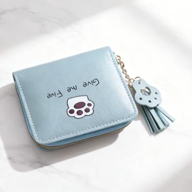 Imagem de Carteira feminina pequena de poliuretano, leve, dobrável, com zíper, 6 compartimentos e 1 bolso com zíper, mini carteira fofa com porta-cartões para encontros, compras e viagens, Azul, Moderno