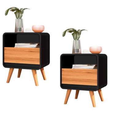 Imagem de Kit 2 Mesas de Cabeceira Retrô com Gaveta - Design com Curvatura C e Pés em Madeira Maciça(Preto com Nature)