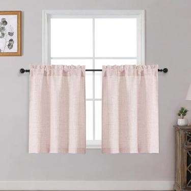 Imagem de OWENIE Cortinas de cozinha rosa blush sobre a pia 76 cm de comprimento, conjunto de 2 painéis, cortinas de café curtas texturizadas com filtragem de luz para janela de banheiro, pequena cortina para