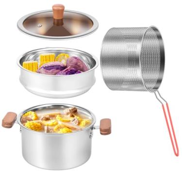 Imagem de Panela a vapor de aço inoxidável com inserção de vaporizador e cesta de malha de 2,5 L/2,64 QT, panela de fritadeira com cesta e alça de tampa para fogão a gás (prata)