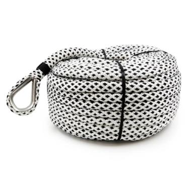 Imagem de Corda de âncora de barco de nylon trançado duplo 9/40.6 cm x 147' (15 mm x 45 m) Olho pré-emendado com dedal de aço inoxidável 316 para ancoragem, ancoragem, fixação