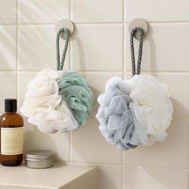 Imagem de 2 peças de esponja de bucha para mulheres, esponja de banho de 50 g, esponja de bucha de banho, pufe de malha macia, esfregão de chuveiro para limpeza diária do corpo (cinza e verde)