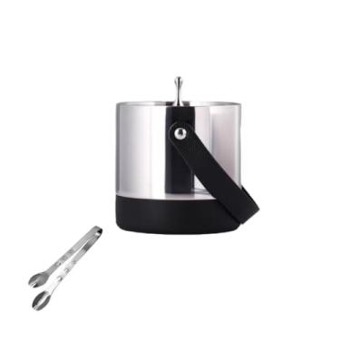 Imagem de Balde de gelo de aço inoxidável bicamada preservação do calor isolamento frio bonito KTV champanhe vinho tinto cerveja gelo bloco de gelo balde comercial (prata, alça de couro)