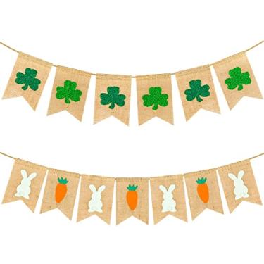 Imagem de Whaline Faixa de Dia de São Patrício Faixa de Páscoa com Cordão Impressão de Trevo Verde Banner de Serapilheira Coelhinho da Páscoa Cenoura Pendurado Guirlanda Não Necessário Faça Você Mesmo para