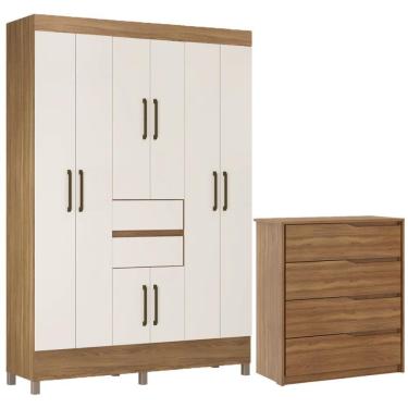 Imagem de Kit Guarda Roupa Casal 8 Portas Munique Cômoda Atria Amêndola Touch Off White