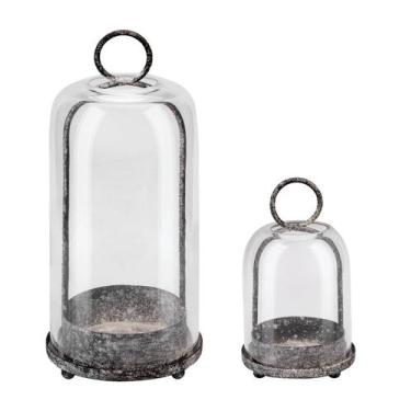 Imagem de Castiçal de metal com cúpula de vidro, preto Shabby, 13x30 e 10x19 cm 
