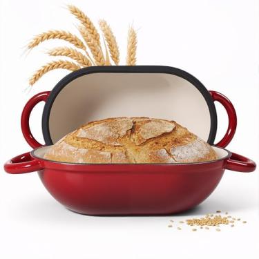Imagem de Forno holandês oval de 5 litros para assar pão, forno de ferro fundido esmaltado para fermento, forma de pão de fermento com tampa, forma de pão antiaderente resistente para assar pão caseiro
