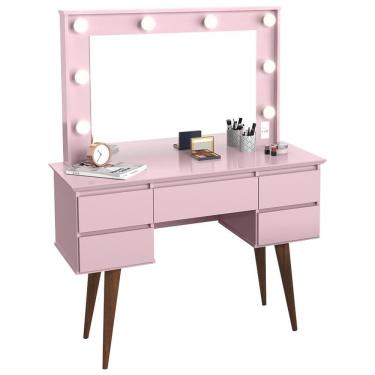 Imagem de Penteadeira Com Espelho 5 Gavetas Pés Palito Camarim Strass Rosa - Patrimar