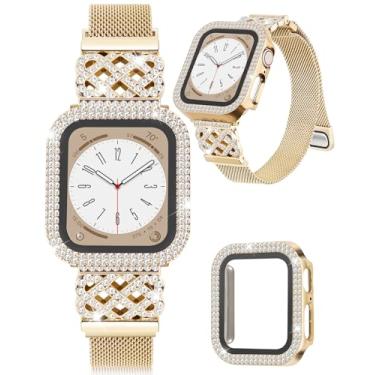 Imagem de Pulseira feminina de metal dourado para Apple Watch séries 9, 8 e 7 de 45 mm, com capa brilhante, elegante pulseira magnética fina para Apple Watch para meninas, pulseira elegante de malha de aço
