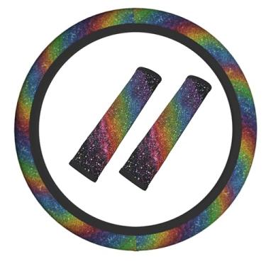 Imagem de Capa de volante arco-íris elástica antiderrapante para volante de carro com cinto de segurança almofada de ombro para mulheres e homens