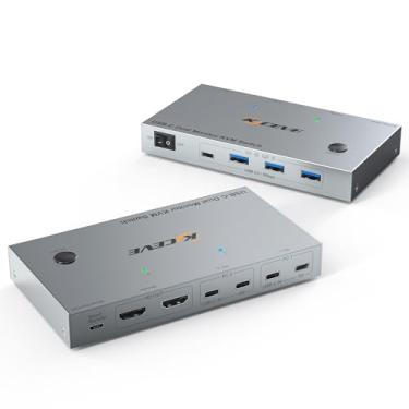 Imagem de 4K60Hz Dual Laptop USB C KVM Switch Dual Monitor, Compartilhe 4 Dispositivos USB 3.0 e Carregamento PD 80W, Plug and Play com Controle Remoto com Fio e 2 Cabos USB-C 3.1