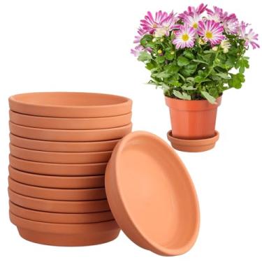 Imagem de WWEsemeren Pacote com 12 pires de terracota, pires redondos de terracota de 11 cm para vaso de flores com orifício de drenagem, bandejas de gotejamento pequenas de argila para plantas internas e